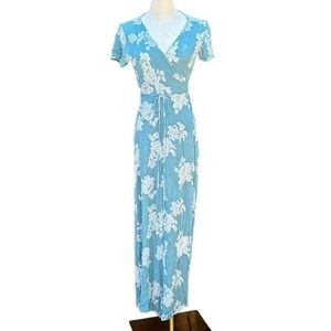 Lulus XS Blue Floral Wrap Maxi Dress Short Sleeve Tie Waist READ